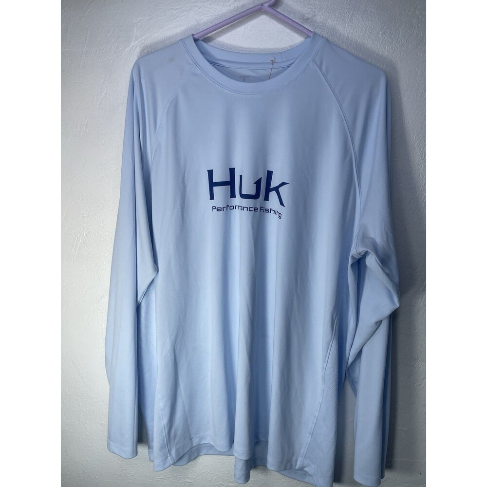 Huk Fishing Pursuit Shirt Mens XXL Blue Long Sleeve Marlin USA Flag Performance